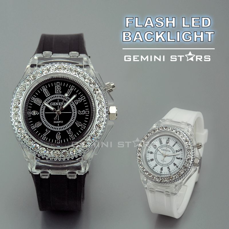   Bezel Flash LED Backlight Light Jelly Gel Band Lady Girl Sport Watch