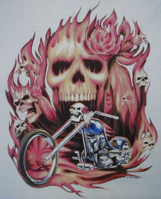 BIKER SKULL MOTORCYCLE CHOPPER / FLAMES SHIRT  