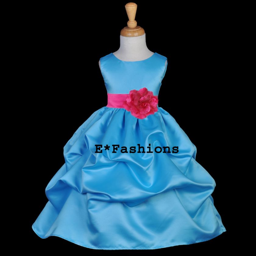 TURQUOISE BLUE FUCHSIA PINK FLOWER GIRL DRESS 6 9M 12 18M 2 3 4 5 6 6X 