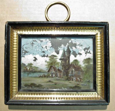 Antique Reverse Painting on Glass Oil & MOP Continental Landscape 19th 